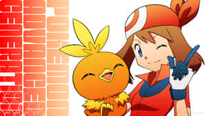 動畫女孩和橙色寶可夢在「POKÉMON」文字背景上一起微笑。 — 電玩遊戲 GIF 壁紙