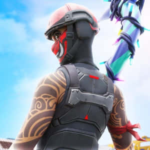 帶有部落紋身的Fortnite角色在藍天下手持色彩繽紛的武器。 — 手機 壁紙