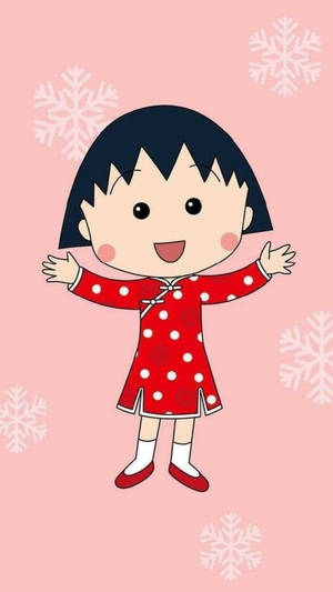 一個微笑的卡通女孩穿著紅色裙子，雪花在她周圍飄落。 — 櫻島麻衣 壁紙