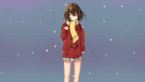 動漫女孩穿著紅色外套和黃色圍巾，站在黃昏的飄雪中。 — 消滅 壁紙