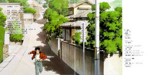 一個穿著紅色夾克的男孩在陽光明媚的日本街道上奔跑，街道上有綠樹和房屋。 — 日式海浪 壁紙