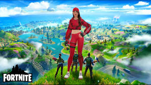 Fortnite角色從長滿草的山頂俯瞰色彩繽紛的島嶼景觀。 — 紅寶石 堡壘之夜 壁紙