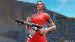 穿著紅色服裝的Fortnite角色在岩石工業環境中手持衝鋒槍。 — 足球員 壁紙