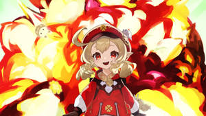 穿著紅色服裝的動畫女孩被熊熊火焰和漂浮生物包圍。 — 原神 壁紙