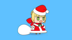 Q版動漫女孩穿著聖誕老人服裝拿著袋子在藍色背景上 — Vrchat 壁紙