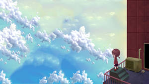 紅裙動漫女孩在屋頂陽台看著藍天白雲。 — 美麗的藍色 壁紙