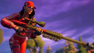 Fortnite角色在黃昏時分用紅色和金色裝備瞄準狙擊步槍。 — 紅寶石 堡壘之夜 壁紙