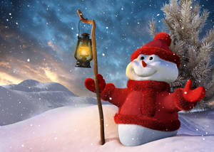 雪人穿著紅色服裝，在夜晚的雪山景觀中手持燈籠。 — 新年 壁紙