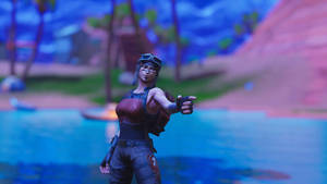 Fortnite角色在熱帶環境中靠近發光的藍色水池指著。 — 要塞英雄 大逃殺 壁紙