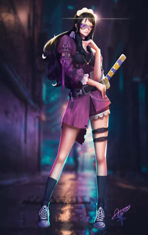 穿著紫色服裝的動漫女孩在夜晚的霓虹燈小巷中手持武士刀。 — Redmi Pad 壁紙