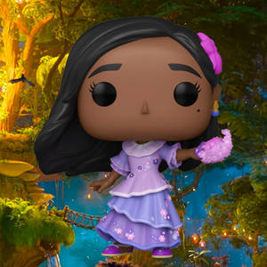Funko Pop公仔女孩穿著紫色連衣裙在魔法森林中手持發光球體。 — 芭比美人魚 壁紙