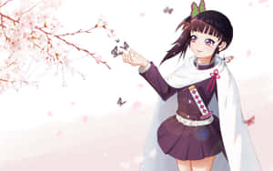 穿著紫色衣服的動漫女孩在櫻花下伸手觸摸蝴蝶。 — 鬼滅之刃 壁紙