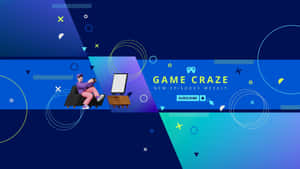 一個人用控制器玩遊戲，周圍環繞著色彩繽紛的幾何形狀和「Game Craze」橫幅。 — 酷炫遊戲 壁紙