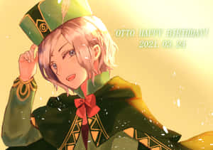 動漫角色 Otto 穿著綠色服裝為生日慶祝微笑。 — 尚氣 壁紙