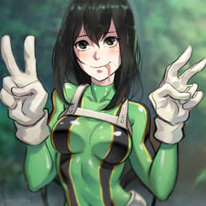 穿著綠色服裝的動漫女孩，帶著頑皮的笑容伸出舌頭比出和平手勢。