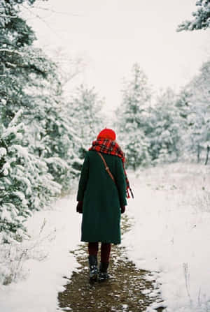 穿著綠色外套和紅色帽子的人走在積雪的森林小徑上。 — 冬季風景 壁紙
