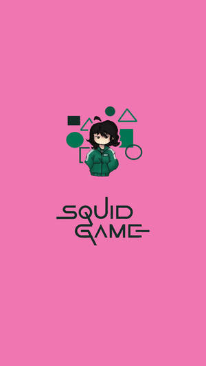 Squid Game 角色穿著綠色外套，帶有幾何形狀和標題文字，背景為粉紅色。 — 067 魷魚遊戲 壁紙