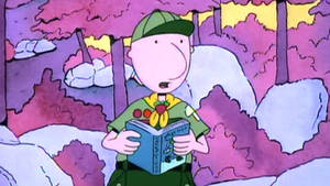 一個卡通童軍男孩在有粉紅色樹的雪森林裡看書。 — 道格 壁紙