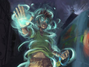 年輕人在黑暗奇幻場景中釋放出發光的青綠色魔法能量。 — 抽菸 壁紙