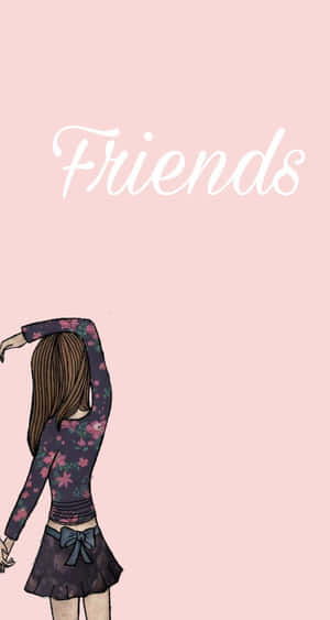 女孩穿著花卉上衣和蝴蝶結裙在粉紅色背景上伸展，帶有「Friends」文字。 — 可愛的好朋友 壁紙