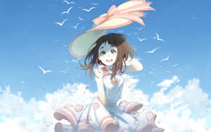動漫女孩穿著花卉連衣裙和帽子坐在雲上，鳥兒在藍天飛翔 — 美學雲朵 壁紙