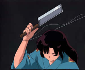 動漫女孩穿著藍色制服，在黑色背景上拿著一把帶有發光能量線條的大刀。 — 犬夜叉 壁紙