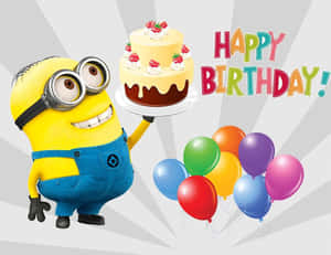Minion拿著生日蛋糕，配有氣球和彩色文字 — 生日快樂蛋糕 壁紙