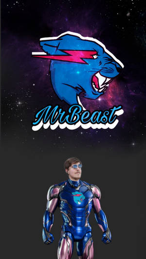 MrBeast 穿著藍色和粉紅色的未來風格套裝，站在宇宙黑豹標誌下方。 — 野獸先生 壁紙