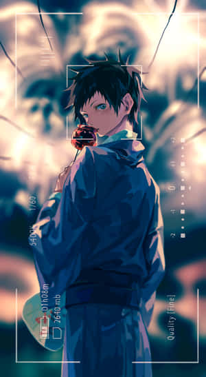 穿著藍色外套的動漫男孩，手持紅蘋果，帶有相機界面疊加層。 — 櫻島麻衣 壁紙