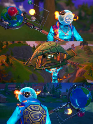 Fortnite 角色，手持地球儀杖和龜殼滑翔機，在奇幻遊戲世界中 — 崔維斯·史考特 要塞英雄 壁紙