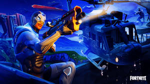 Fortnite角色在夜間向直升機開火 — Studio Display 壁紙