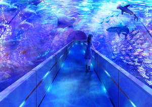 穿著藍色裙子的女孩在發光的水族館隧道中行走，周圍有鯊魚和魚。 — 水族箱 壁紙
