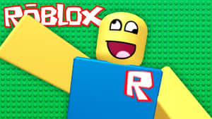 Roblox頭像，藍色襯衫和紅色R標誌，綠色LEGO背景 — 酷炫 Roblox 壁紙