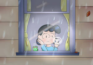 悲傷動漫女孩穿藍色襯衫，望下雨窗外，拿綠色杯，窗台有葉子。 — 露西·范佩爾特 壁紙