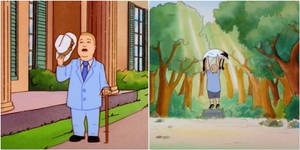 藍色西裝卡通男人在屋外拿著帽子，森林裡的孩子舉著鳥在頭頂上。 — 巴比·希爾 壁紙
