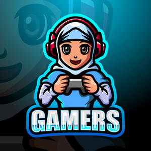 動漫遊戲玩家穿著藍色連帽衫和紅色耳機，手持帶有「GAMERS」標誌的控制器。 — 遊戲玩家標誌 壁紙