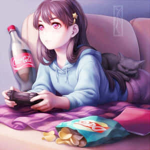 動漫女孩在沙發上與貓和零食玩遊戲 — 動畫女孩 壁紙