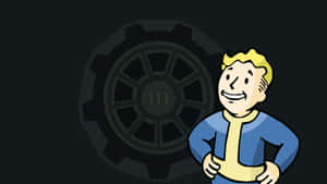穿著藍色連身衣的Vault Boy吉祥物在齒輪前微笑，雙手叉腰。 — 異塵餘生 GIF 壁紙