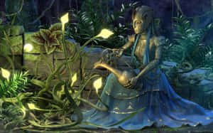 一個穿著藍色長袍的金屬人物在黑暗的魔法花園中澆灌發光的植物。 — 雙子座 壁紙