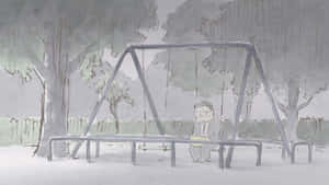 一個穿著西裝的男人獨自坐在雨中的公園鞦韆上，周圍有灰色的樹木。 — 妖狐藏馬 壁紙