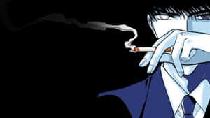 動漫男子穿著西裝在黑色背景前抽煙，煙霧繚繞。 — 煙動圖 壁紙