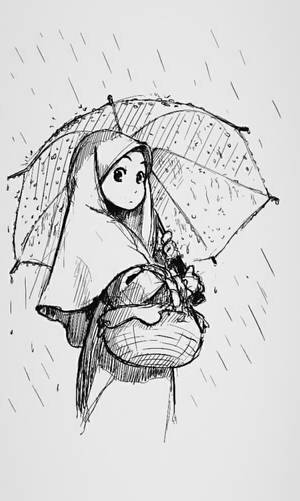 一個穿著連帽斗篷的女孩在雨中拿著雨傘和一個籃子。 — 可愛動漫女孩 壁紙