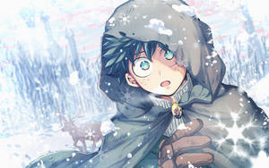 雪地森林中身後有鹿的動漫男孩 — 綠谷出久 壁紙