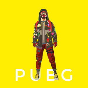 戴面具和連帽衫的玩家，黃色背景上有PUBG文字。