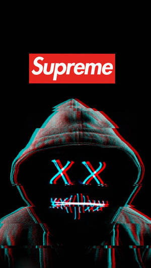 一個穿著連帽衫的故障人物，在Supreme標誌下擁有發光的眼睛和嘴巴。 — 酷炫至尊 壁紙