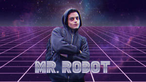 穿著連帽衫的男人在發光網格上，星空背景，帶有「MR. ROBOT」文字。 — 紫色的人 壁紙