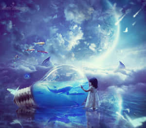 孩子觸摸一個內部有海豚的巨大燈泡，漂浮在魔法般的天空中。 — 夢幻 GIF 壁紙