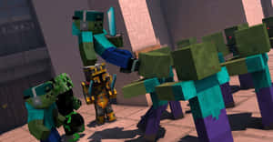 穿著金色盔甲的Minecraft角色在石頭庭院中與殭屍和骷髏戰鬥。 — 我的世界苦力怕 壁紙