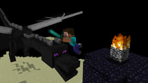 Minecraft玩家夜晚在燃燒的方塊附近騎著一條黑龍。 — 我的世界 壁紙