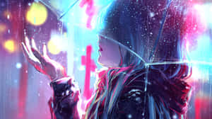 動漫女孩穿著雨衣在霓虹燈下撐傘。 — 美麗的秋天 壁紙
